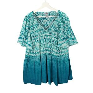 Catherines Teal Water Stain Top Beaded V-Neck Pleated‎ Flutter Sleeve Womens 1X